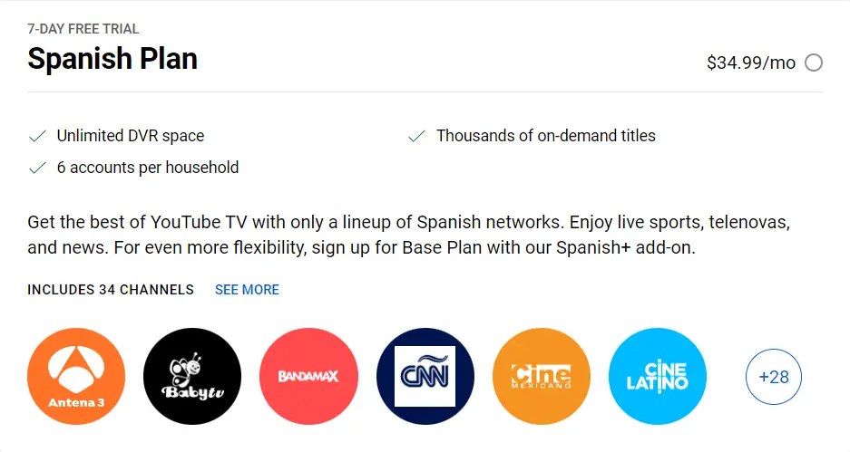 Youtube tv in uk spanish plan
